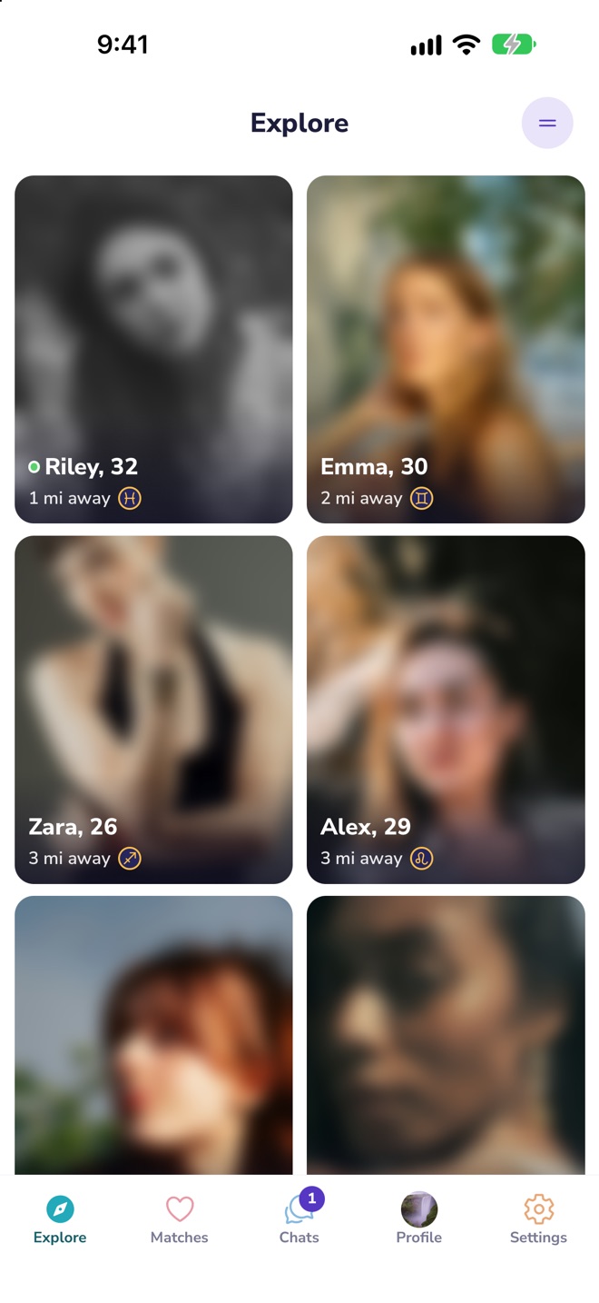 The Explore screen: a grid of people nearby